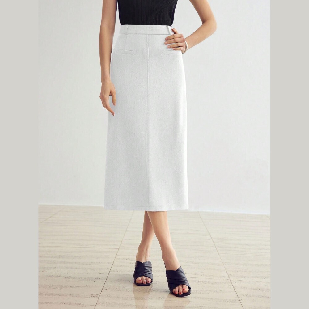 White High Waist Seam Front Pocket Detail Midi Pencil Skirt